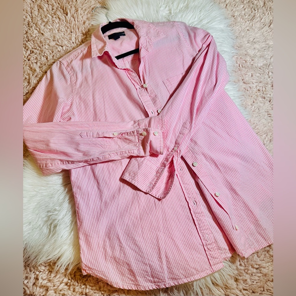 J Crew Pink and White Button Up Boyfriend Fit Shirt